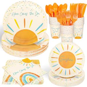 Whaline 168Pcs Here Comes the Son Baby Shower Decorations Tableware Set Boho Sun Dinnerware Retro Sunshine Disposable Plates Napkins Cups and Cutlery For 24 Guest Birthday Party Supplies