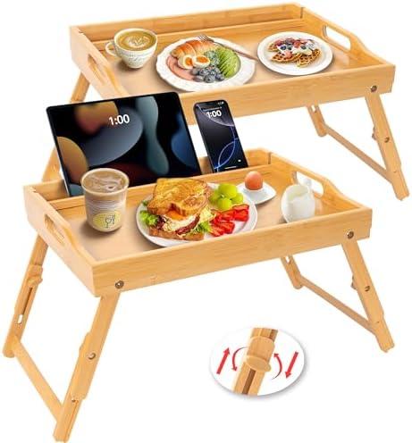 Greenual 2 Pack Bed Tray Table with Handles Folding Legs, Bamboo Breakfast Food Tray with Media Slot, Use As Platter, Laptop Desk, Snack, TV Tray Kitchen Serving Tray(Natural)