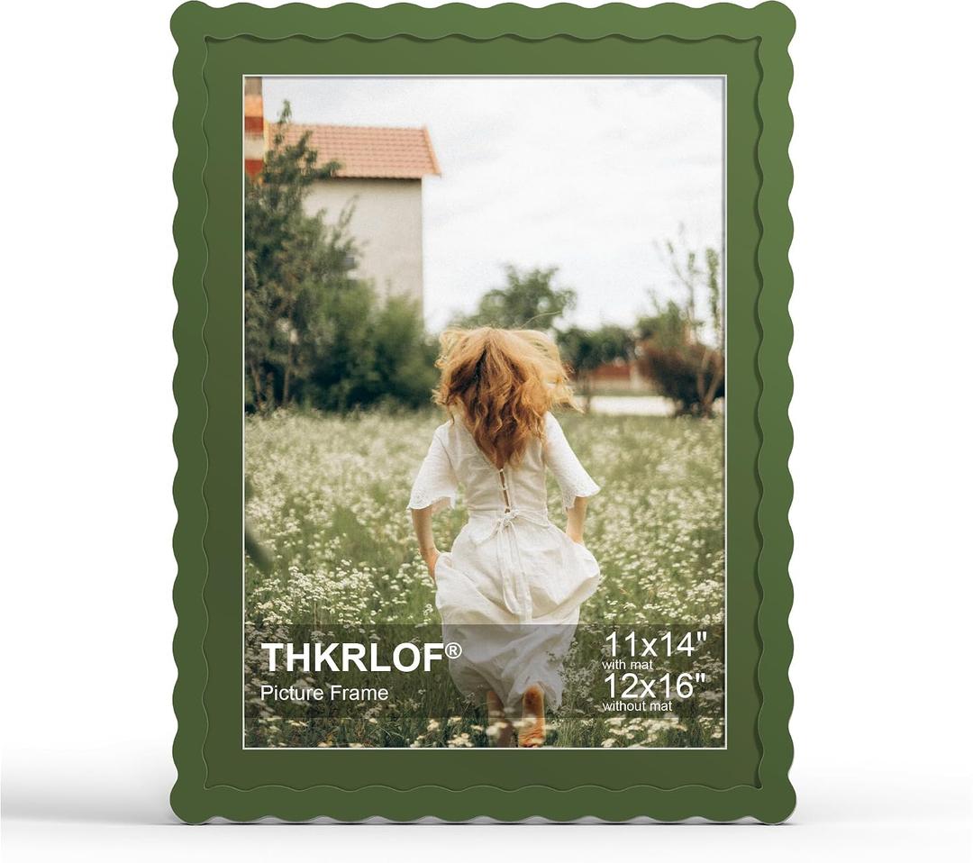 12x16 Picture Frame with Mat for 11x14, Wavy Edge Wooden Real Glass Photo Frame for Wall Hanging, Green, 1 Pack