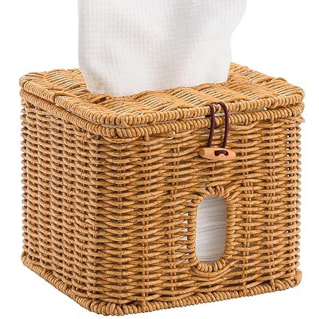 Facial Clean Skin Club Face Towels Holder for Bathroom, Plastic Rattan Disposable Face Towel Holder, Farmhouse Style for XL Face Towels Box Basket with Lid, Light Brown