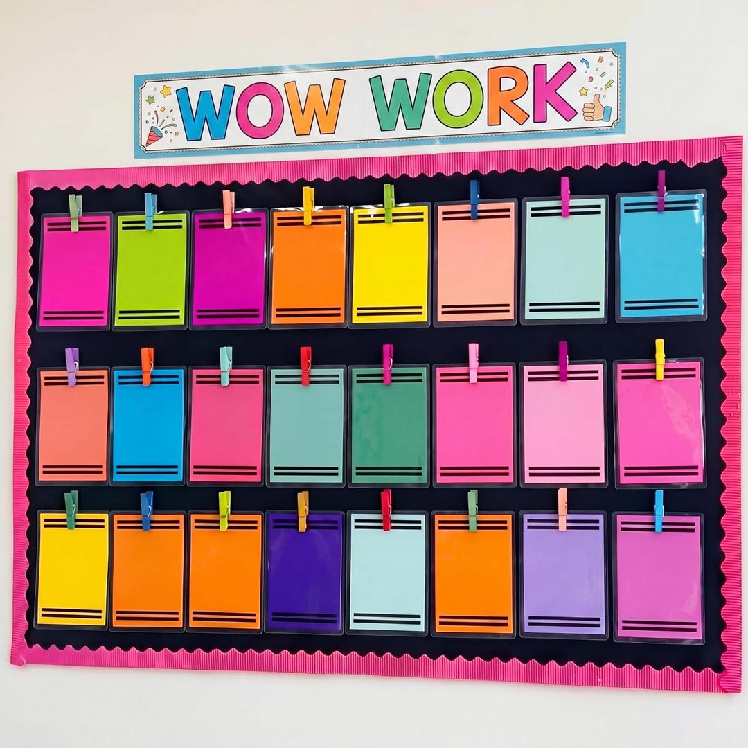 54 Pcs Student Work Display Bulletin Board Sets Crayon Classroom Decoration Crayon Work Cutouts with Clip Names Display Classroom Wall Decor for Teachers Back to School Elementary Supplies Homeschool