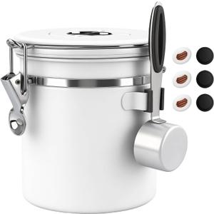 ShanSon Coffee Canister Airtight Coffee Container Stainless Steel Coffee Bean Storage Container with Scoop Coffee Canister for Beans Grounds Sugar Flour Tea Cereal,16OZ, White