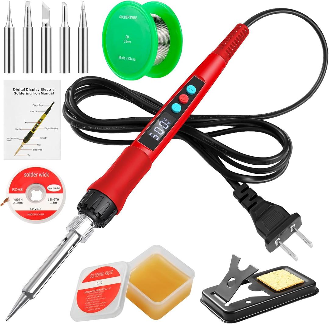 Soldering Iron Kit, 100W LED Digital Solder Gun kits with Ceramic Heater, Adjustable Temperature Welding Tools with Tips, Wick Braid, Stand, Solders Wire, Sponge, Flux Paste, Red