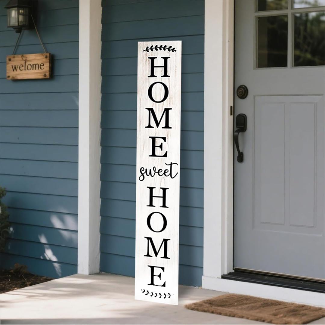 Home Sweet Home Wooden Porch Sign Vertical Hanging Decorations Welcome Sign Front Door Standing Decorative Sign 47x7.8Inch Plaques for Outside Yard Decor (Wood White)