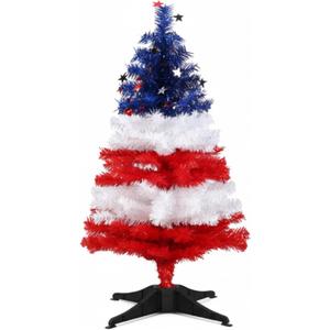 36" Patriotic Christmas Tree Artificial Red Blue and White USA American Flag Tinsel Small Christmas Tree Decorations with Star Ornaments for Holiday Indoor Outdoor Home Desktop