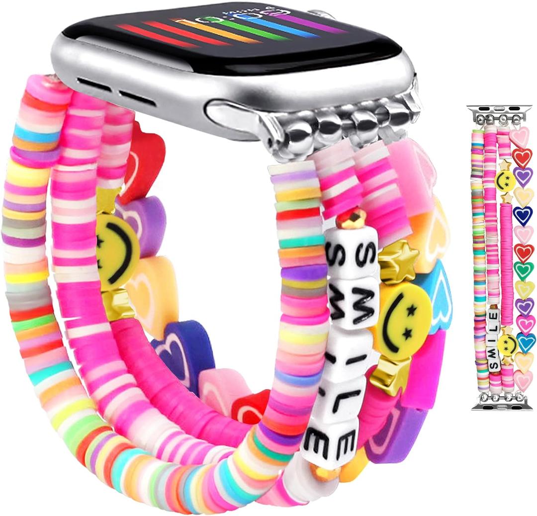JR.DM Beaded Bracelet Compatible with Apple Watch 40mm 38mm 41mm 42mm for Women, Cute Fashion Preppy Stack Handmade Elastic Watch Strap Replacement for iWatch Series 10/9/8/7/SE/6/5/4/3/2/1 (Colorful) (38/40/41/42mm(Series 10) M(5.8"-6.3"), A1 Colorful)
