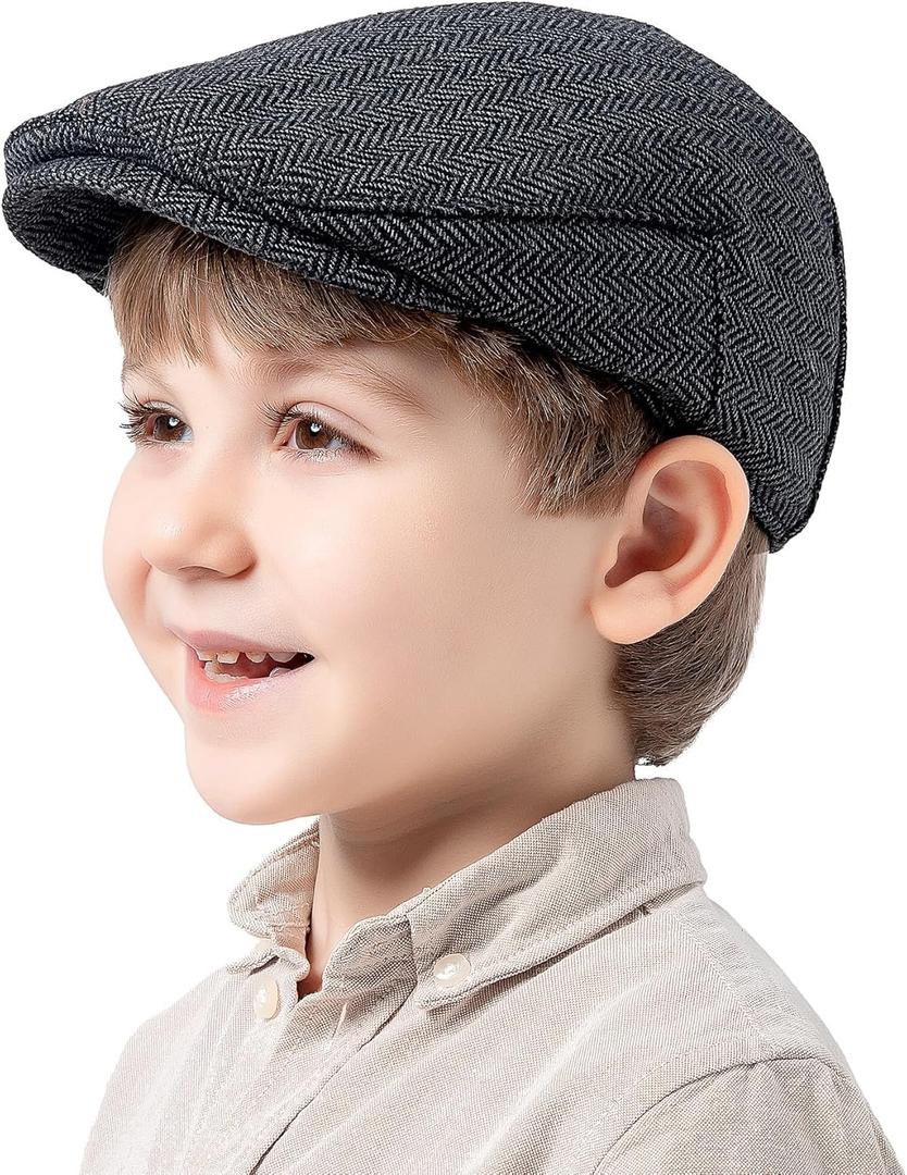 Jastore Kids Tweed Flat Cap Boys Newsboy Cap Toddler Pageboy Caps (7-9 Years, Black/Grey)