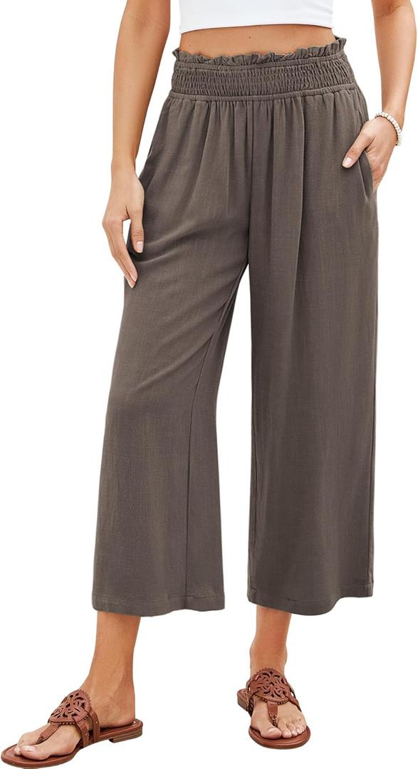 GRAPENT Capri Pants for Women High Waisted Wide Leg Linen Palazzo Trousers Pull On Elastic Smock Waist Loose Flowy Pants (Large, Coffee Brown)