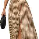 kipfall Gingham Summer Dresses for Women 2026 Slit Hemline Trendy Puff Sleeve Button Down Midi Dress (X-Large, Plaidbrown)