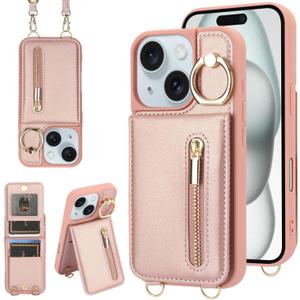 Crossbody Wallet Case for iPhone 14 Plus/15 Plus with Lanyard Strap Card Slot Holder RFID Blocking,Magnetic Flip Folio Zipper Purse Case, PU Leather Cover Handbag,Rose Gold