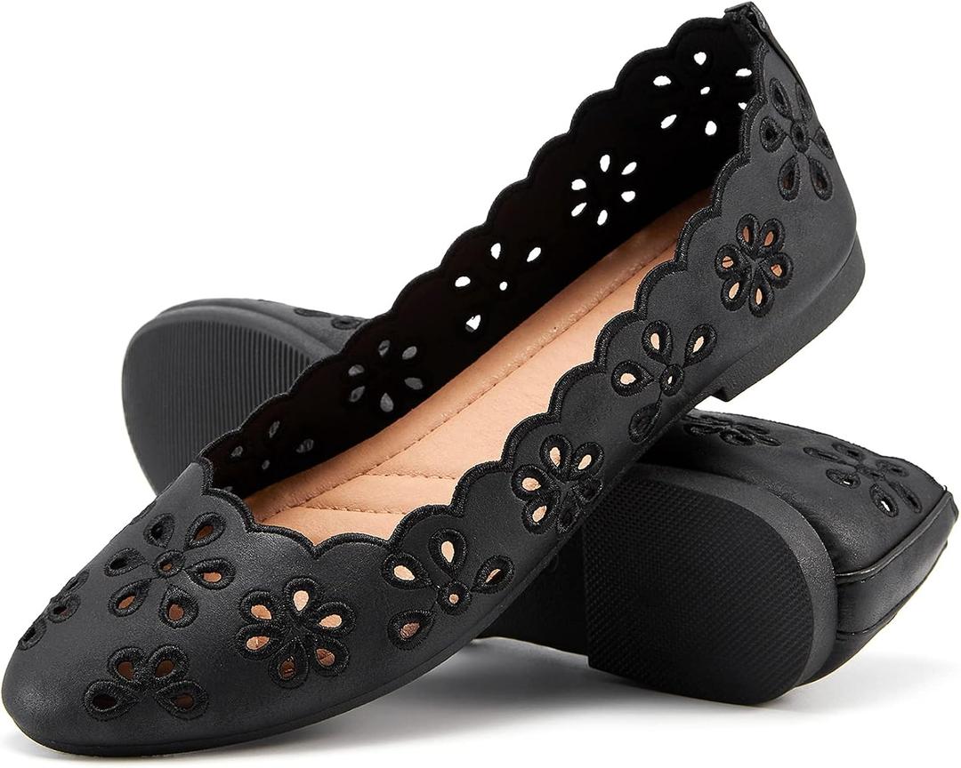 FRACORA Women's Ballet Flats Black PU Leather Dress Shoes Comfortable Round Toe Slip on Flats with Breathable Eyelets, Black US 7.5