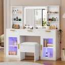 YITAHOME Large Vanity Desk with LED Mirror and Lights, 56.3" Makeup Vanity Set with Glass Cabinets, Open Shelves, Power Outlet, Cushioned Stool