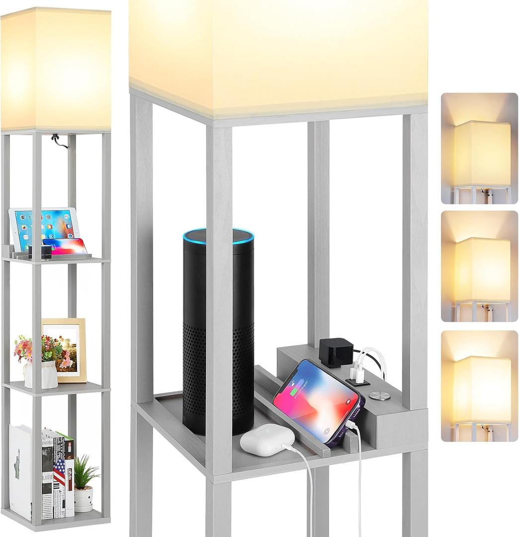 FOLKSMATE LED Shelf Floor Lamp, Modern Touch Control Dimmable Standing Lamp with 2 USB Ports and 1 Power Outlet, Corner Tall Lamps with Shelves, Wood Standing Light for Bedroom, Living Room, Grey (Gray)
