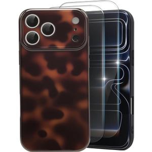 MYY Cute Phone Case for iPhone 17 Pro Max Case, [with 2X Screen Protector] Tortoise Shell Pattern Leopard Full Camera Protective Slim Shockproof Cool Trendy Aesthetic-Brown Amber