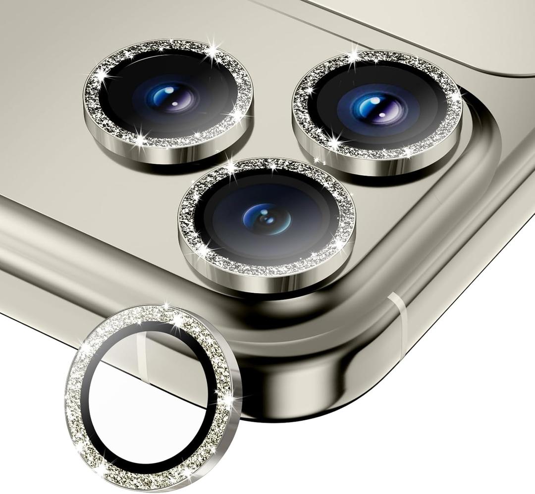 for iPhone 15 Pro/15 Pro Max Camera Lens Protector, Tempered Glass Screen Protector Metal Individual Camera Cover Accessories [Anti-drop] Case Friendly- Glitter Natural