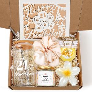 21st Birthday Gifts for Her, Unique 21 Year Old Birthday Gifts for Women, 21 Bday Decorations for Her, Gift for 21st Bday Woman w/ 16oz Coffee Cup, Candle, Bracelet, Hair Clip, Card, 7PCS