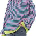 Womens Striped Oversized Sweatshirt Color Block Crew Neck Long Sleeve Shirt Casual Loose Pullover Top, Size 140(7-8 Years)