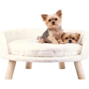Elevated Dog Bed: Raised Dog Bed Round with Cozy Pad Waterproof - Nordic Wooden Doggie Sofa Bed with Sturdy Wood Legs Anti Slip for Medium Dogs Rabbit