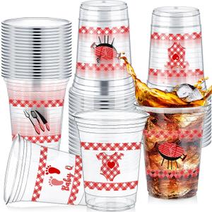 Fuyoooo 48 Pcs Gender Reveal Party Plastic Cup 16 Oz Cups Boy or Girl Thick Clear Cup Gender Reveal Party Supplies Pink and Blue Baby Shower Decorations (Bbq)