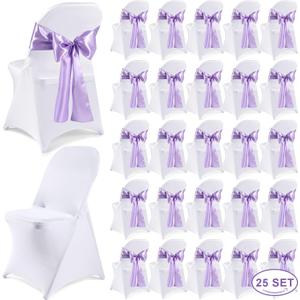 Lounsweer 50 Pcs Folding Chair Cover Set with 25 Stretch Spandex Slipcovers 25 Satin Chair Sashes Bows Ribbon Washable Banquet Protector for Wedding Event Party(White, Lavender)