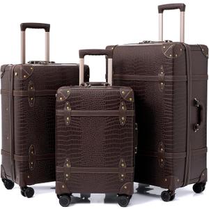 NZBZ Vintage Luggage Sets for Women, PU Leather Retro Suitcase, Vintage Trunk Luggage, Vintage Suitcase Set, TWO COLOURS RANDOMLY SHIPPED (Black or Brown, 20inch & 24inch & 28inch)