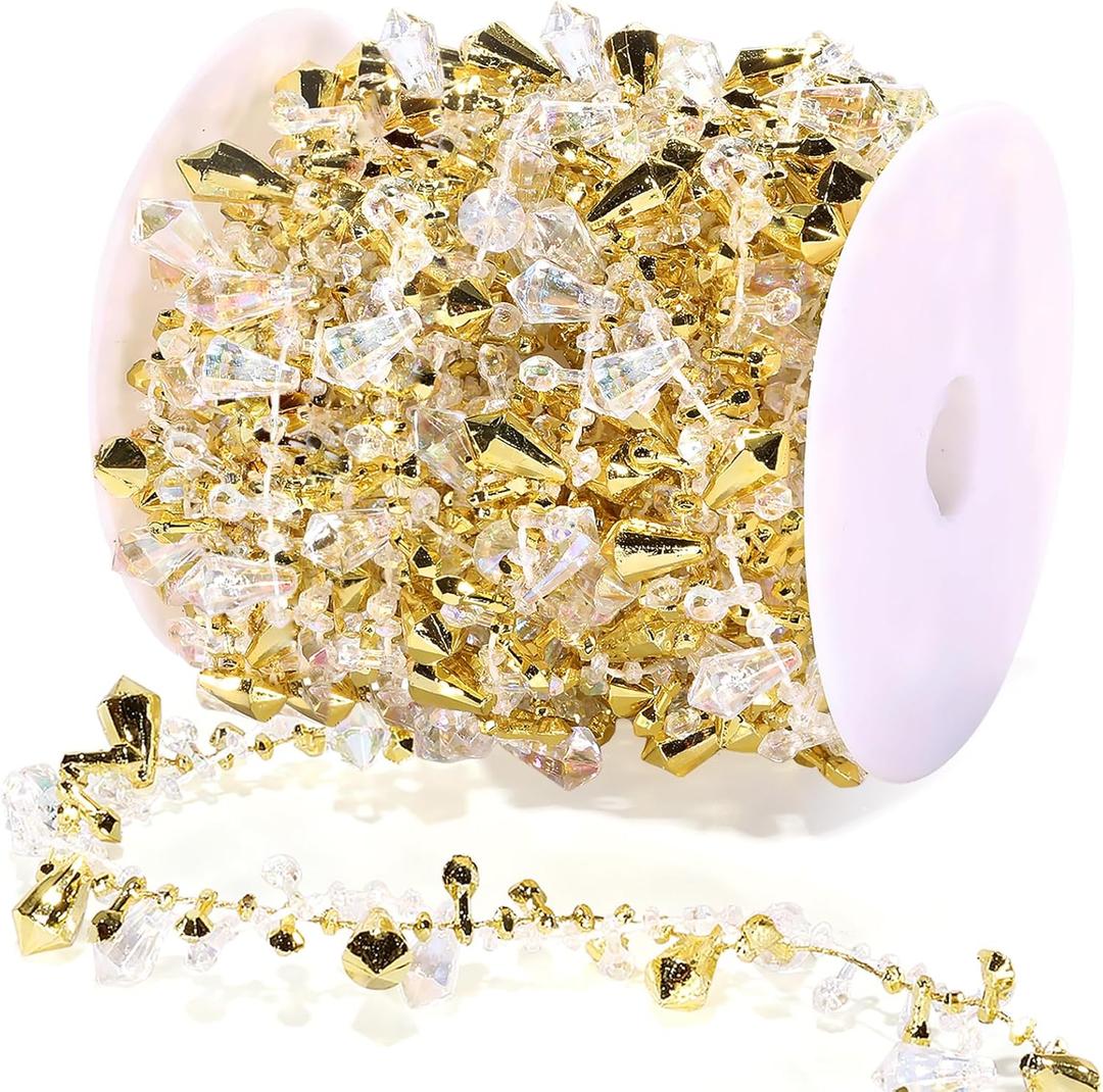 Christmas Garland Iridescent Tree Gold Bead Decoration, Vintage Twinkle Ice Double Twist Bead String Ornaments for Indoor Outdoor Decorations, Rustic Crystal Beaded Home Decor, 16ft