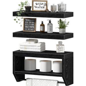 QEEIG Bathroom Floating Shelves for Wall - Shelf Over Toilet Paper Storage Farmhouse 16 inch Set of 3, Black (028-40B3) (15.7")