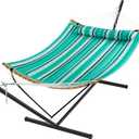 SUPERJARE Hammock with Stand, 2 Person Heavy Duty Hammock with Padded Cotton, Detachable Pillow & Strong Curved-Bar & Portable Carrying Bag, Perfect for Outdoor & Indoor, Mint Green with Stripes