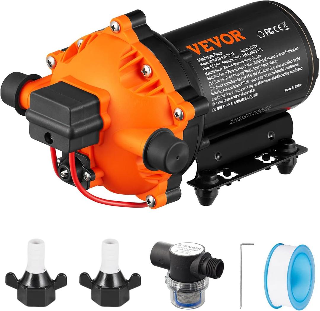 VEVOR Water Diaphragm Pump, 12V DC, 5.5 GPM Flow, 70 PSI Rated Pressure (40-100 PSI Adjustable), 1/2" MNPT Self Priming Sprayer Pump with Pressure Switch for RV Camper Marine Boat Lawn, FCC Certified