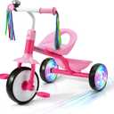 Liberry Toddler Tricycle Age 2 3 4 Years Old, Kids Trike with Light Up Wheels, Removable Pedal and Basket, 3 Wheel Bike Outdoor Indoor Riding Toy Gift for Girls Boys, Pink