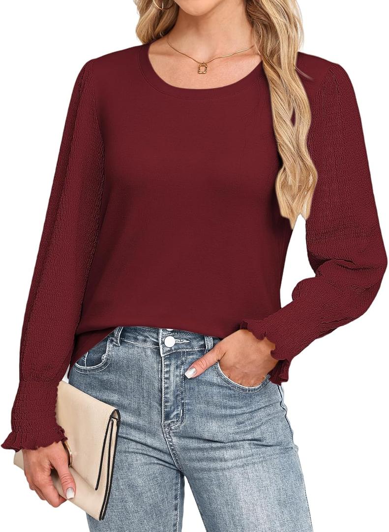 Blouses for Women Casual Puff Long Sleeve Shirts Fall Crew Neck Knit Textured Tunic Tops with Smocked Cuffs (Small)