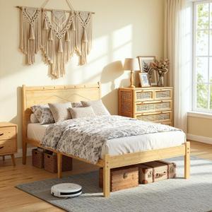 Askeld 12 inch Bamboo Twin Bed Frame with Headboard, Light Cottagecore Solid Wood Platform Bed No Box Spring Needed, Easy Assembly, Noise Free