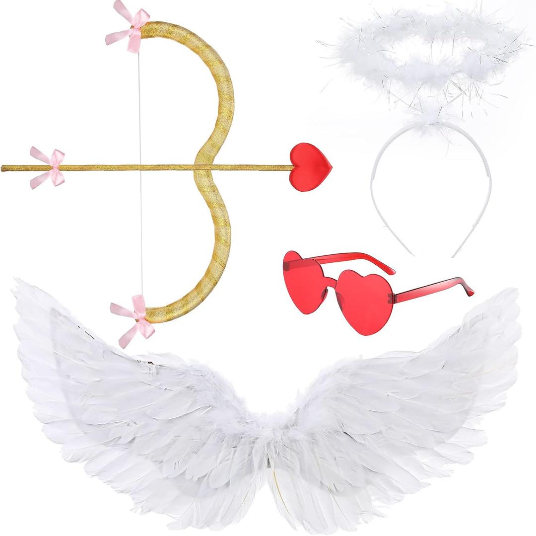 Coume Angel Cupid Costume Set for Kids, Cupid Bow and Arrow Feather Wings Headwear Arrows Bow Heart Rimless Sunglasses for Kids 4-12