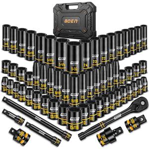 BOEN 1/2" Drive Impact Socket Set, 65-Piece Standard SAE (3/8" to 1-1/4") & Metric (10mm-24mm) Deep & Shallow Socket with Paint-Filled Markings, Includes Extensions, Ratchet, Adapter & Universal Joint