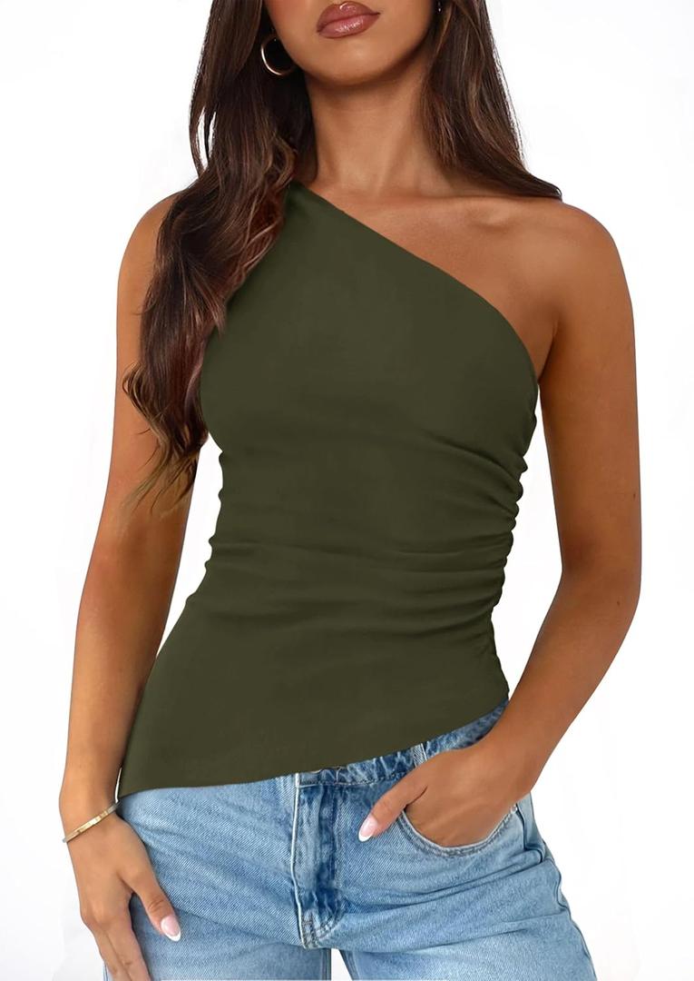 PRETTYGARDEN Womens 2026 Summer Y2K Tops Sleeveless One Shoulder Slim Fit Shirts Ruched Knit Asymmetrical Top Blouse (M)