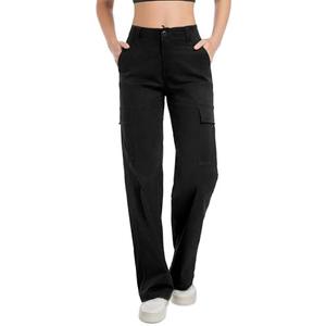 Soulsfeng Women's Cargo Pants Baggy Relaxed Fit Cotton Hiking Work Pants with 6 Pockets, Size 30, Black