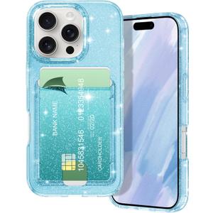 Petocase for iPhone 16 Pro Max Wallet Case Card Holder Slot Slim Fit Flexible TPU Gel Rubber Soft Skin Silicone Protective Phone Case Cover for Apple iPhone 16 Pro Max 6.9 inch Glitter Blue
