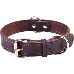 Leather Dog Collar, Genuine Heavy Duty Wide Dog Collar for Small,Medium,Large and Extra Large Dog (S: 0.8" Wide for 13.4"-15.8" Neck, Dual Stitch - Brown)