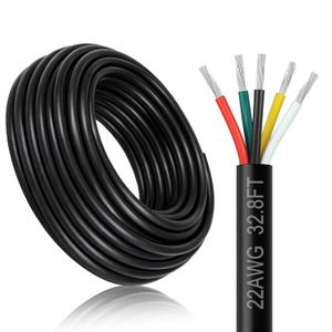 22 Gauge 5 Conductor Electrical Wire, 32.8FT 22AWG Black PVC Stranded Tinned Copper 5 Wire Cable, 22/5 Flexible Extension Cable for LED Lamp Lighting, Automotive, Speaker, Access Control