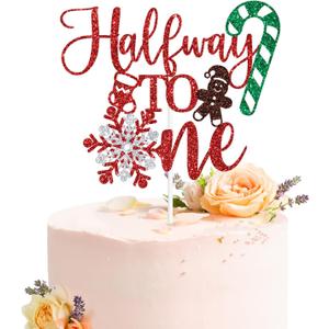 Half Way to One Cake Topper, Winter 1/2 Birthday, 1/2 Way to One, Sweet 6th Months, Snowflake Christmas Theme Half Birthday Party Decorations Red Glitter