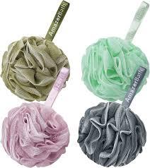 The Snap Pouf! Mesh Bath Loofah sponges in Earth Tone Colors. 4 Pack The Snap Pouf! Mesh Bath Loofah sponges in Earth Tone Colors. 4 Pack