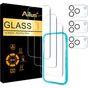 Ailun 3 Pack Screen Protector for iPhone 17 Pro [6.3 inch] + 3 Pack Camera Lens Protector with Installation Frame,Sensor Protection,Dynamic Island Compatible,Case Friendly Tempered Glass Film, Set of 3
