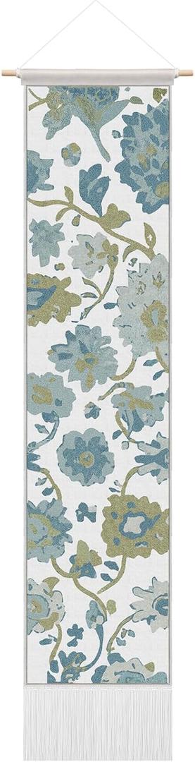 Gilprop Vintage Vertical Tapestry, Wall Hanging Decor, 52 x 13 Inch Rectangle Oushak Boho Blue Turkish Long Reference Illustrative Botanical Tassel Tapestry for Living Room Bedroom Office Home