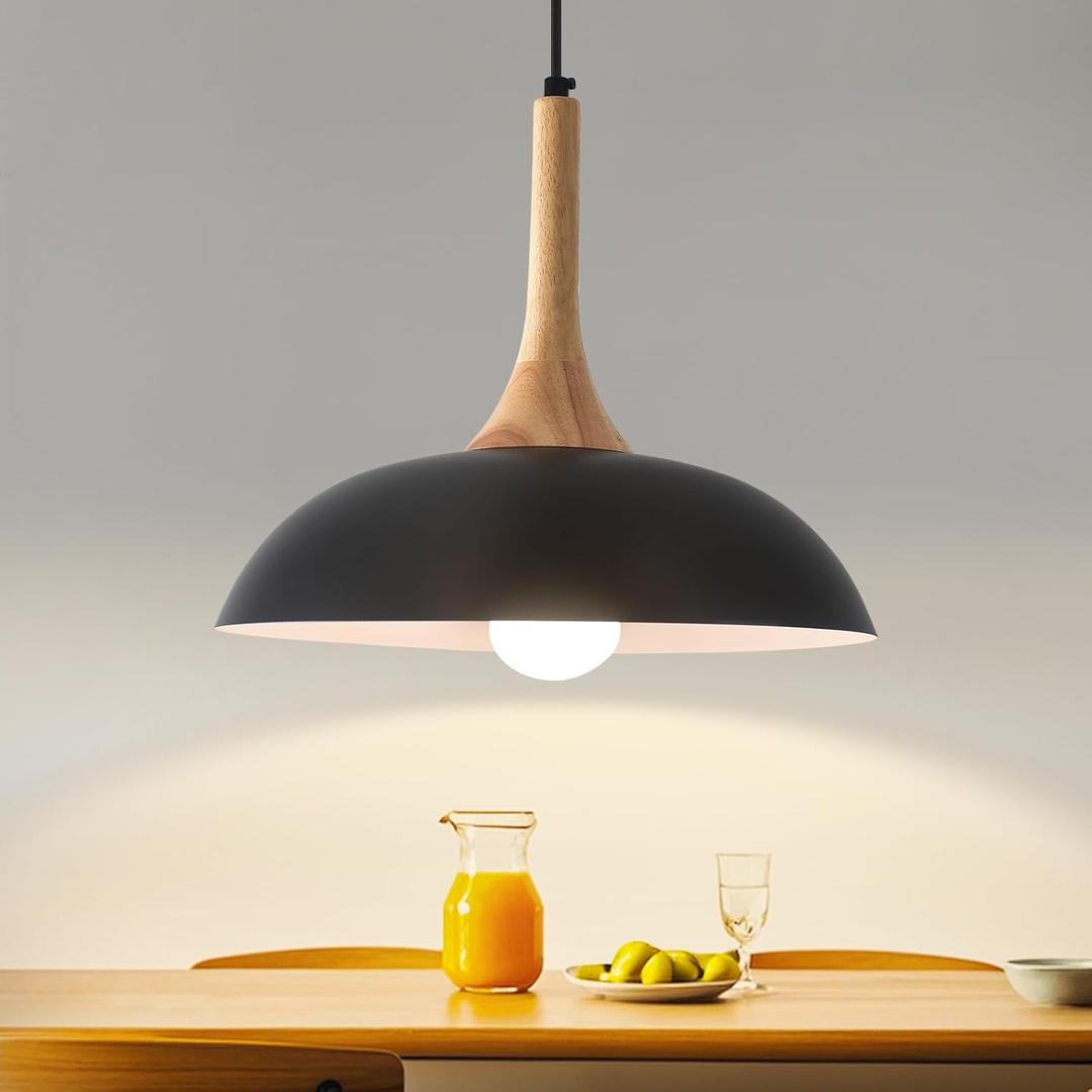 Black Pendant Lights Kitchen Island, Modern Pendant Light with Wood Cap, 13.8 inch Dome Pendant Light for Kitchen, Dining Room, Living Room Black Pendant Lights Kitchen Island, Modern Pendant Light with Wood Cap, 13.8 inch Dome Pendant Light for Kitchen, Dining Room, Living Room
