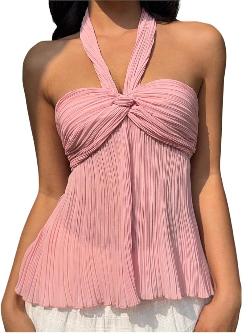 OYOANGLE Women's Textured Open Back Halter Top Sleeveless Twist Front Ruched Beach Vacation Going Out Top