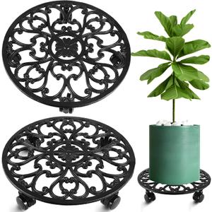 2 Packs 14 Inch Rolling Plant Stand with Wheels Metal Plant Caddy with Wheels Heavy Duty Round Plant Stand Indoor Iron Plants Rollers for Plants, Plant Dolly Planter Caddies