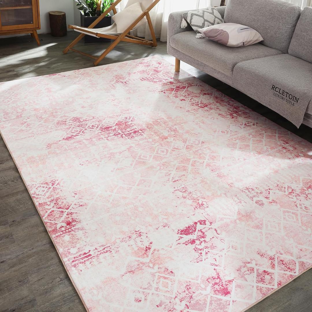 Carvapet 3 x 5 Boho Rugs for Living Room, Moroccan 3x5 Pink Low Pile Small Carpet with Rubber Backing, Foldable, Non Slip Machine Washable Area Rug