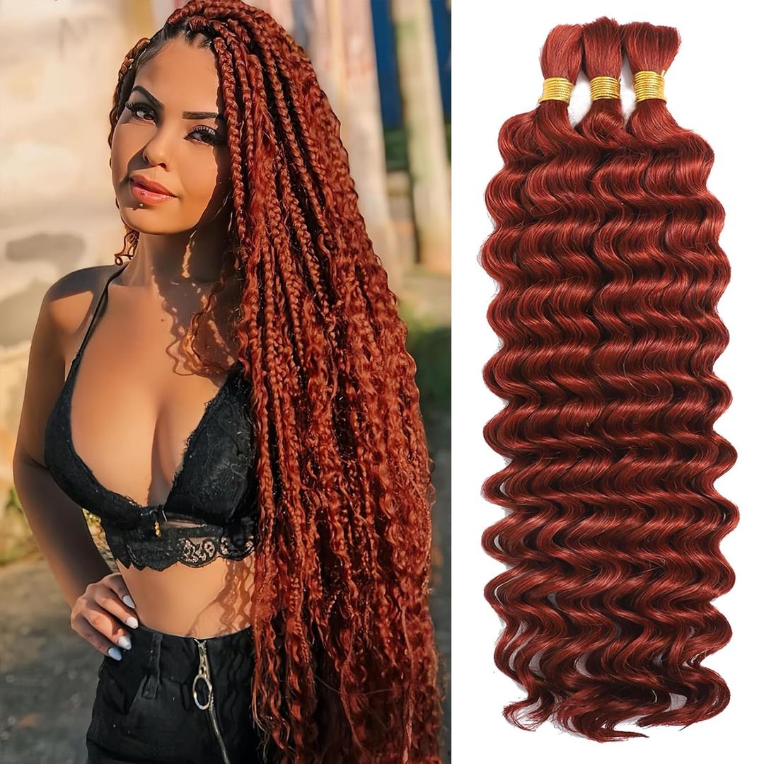 Human Braiding Hair for Boho Braids 3 Bundles/Pack 110g 14 Inch Deep Wave Bulk Human Hair for Braiding Curly Knotless 12A Brazilian Virgin Copper