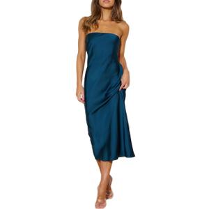 Summer Satin Strapless Backless Wedding Guest Midi Dress for Women Elegant Tube Top Sleeveless Tie Back Maxi Dresses (Teal, XL)