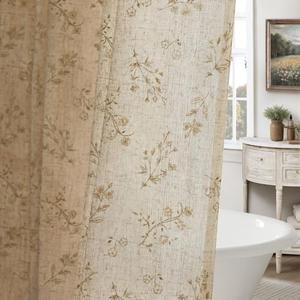 XOGUIBO Beige Floral Farmhouse Vintage Linen Shower Curtain, French Country Shower Curtains for Bathroom, 72Wx72H